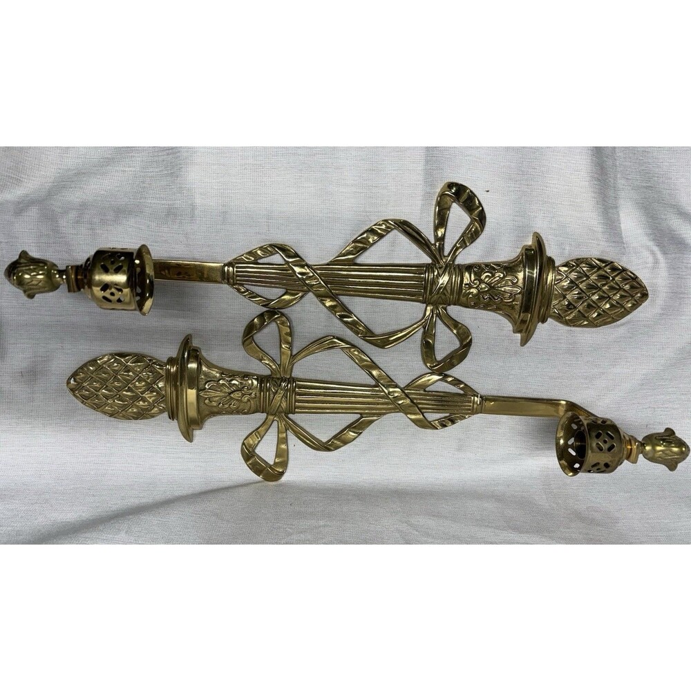 Virginia Metalcrafters Bras Wall Sconce Pair #2007 Pineapple Ribbon Torch 20” VM